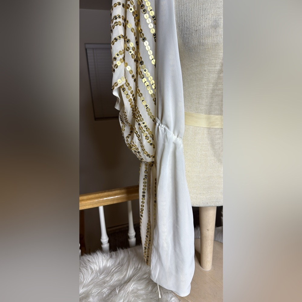 Soft Surroundings Creme Silk Gold Sequin Striped Blouse Size Large EUC Tie Front - Picture 3 of 7
